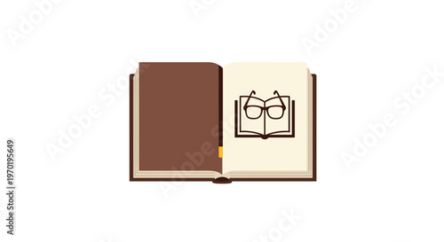 A classic brown hardcover book lies open to reveal a minimalist black icon of spectacles positioned over a simplified graphic of an open textbook.
