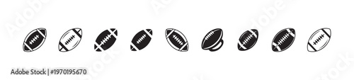 Row of american football icons demonstrating diverse graphic treatments and orientations for sports interfaces