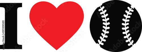 Baseball fan typography vector, I love baseball heart icon, black and red sports graphic for apparel and stickers