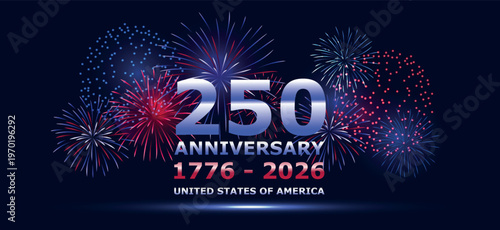 Patriotic banner with fireworks and 250 anniversary 1776–2026 text on dark background. Celebration design for United States independence. For events, posters and promotions