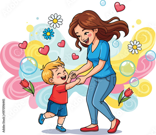 Joyful mother and son playing together, a vibrant cartoon illustration of family love and happiness. Cheerful parent and child bonding, a colorful vector graphic for parenting, childhood