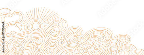 Golden sun illustration with decorative sea waves, vintage clouds. Good morning print. Vector line art simple template featuring sky motif and abstract astrology simple design