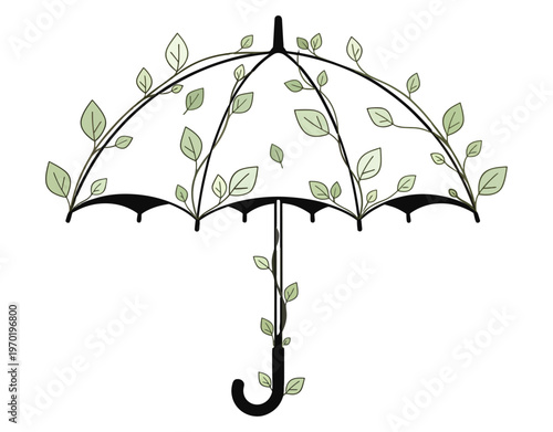 Eco-friendly umbrella covered with green leaves and growing vines, concept of environmental protection, nature conservation, and sustainable green life line art illustration.
