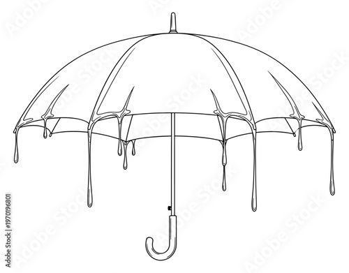 Surreal line art illustration of a melting umbrella with liquid dripping from the edges, creative abstract concept of melting heat, climate change, or dreamlike reality.