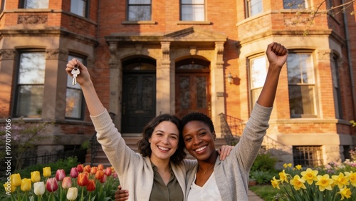 Two women celebrating homeownership with house keys in front of a brick townhouse