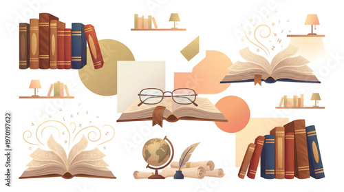 World Book Day Education and Reading Concept Vector Set with Books and Library Elements