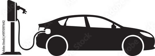 Electric car, EV charging station, black silhouette, eco-friendly vehicle, automotive icon
