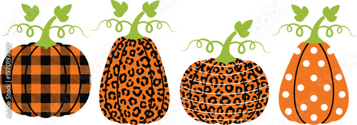 Vector illustration of decorative pumpkins with plaid, leopard, striped, and polka dot patterns for autumn and festive design