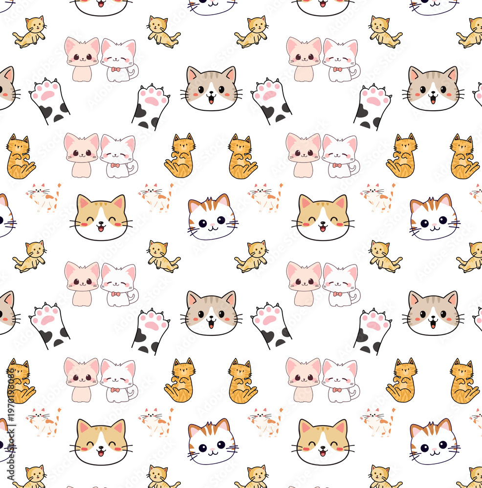 Fototapeta premium seamless kawaii-style cat pattern, often used for wallpaper, fabric design, or digital backgrounds. 