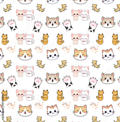 seamless kawaii-style cat pattern, often used for wallpaper, fabric design, or digital backgrounds. 