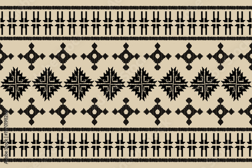 Ethnic Ikat Geometric Seamless Border Pattern, Traditional Tribal Black and Beige Textile Design, Bohemian Abstract Ornament Background for Fashion, Fabric, Wallpaper, and Interior Decor