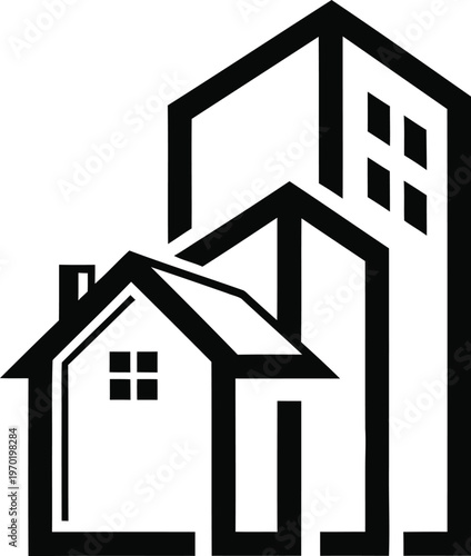 Modern Housing Icon with House and Skyscraper Design