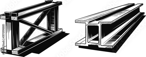 Steel beam structures set, construction metal girders vector illustration isolated black industrial engineering elements collection