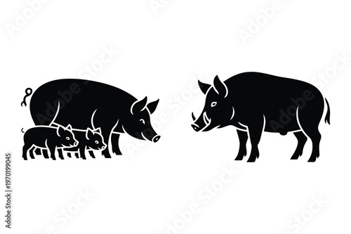 Fotografie Wild boar family and adult wild boar silhouette icons