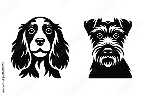 Cocker spaniel and schnauzer dog portraits, black and white vector icons