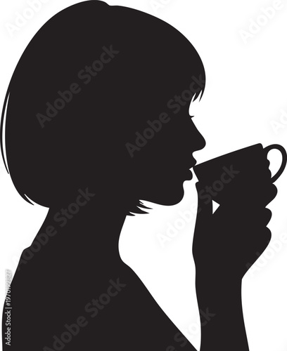 Silhouette woman drinking coffee, black silhouette, white background, cup and saucer, female profile