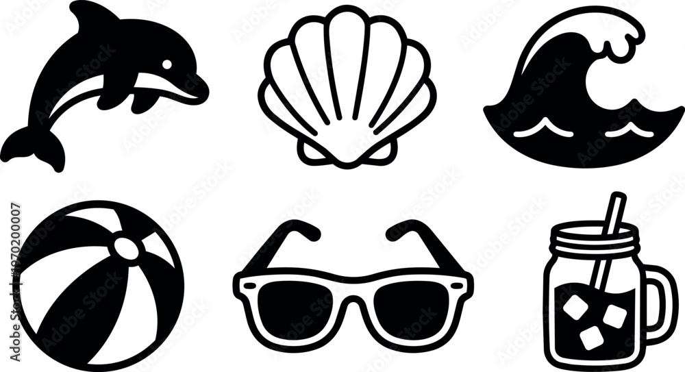 Obraz premium Black and white summer icons with dolphin shell wave and sunglasses