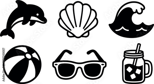 Black and white summer icons with dolphin shell wave and sunglasses