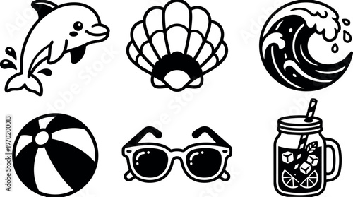 Black and white summer icons dolphin shell wave beach ball sunglasses and lemonade jar