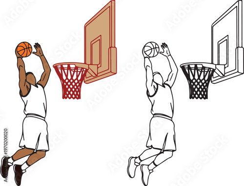 Basketball slam dunk vector illustration near hoop with net for sports competition theme.
