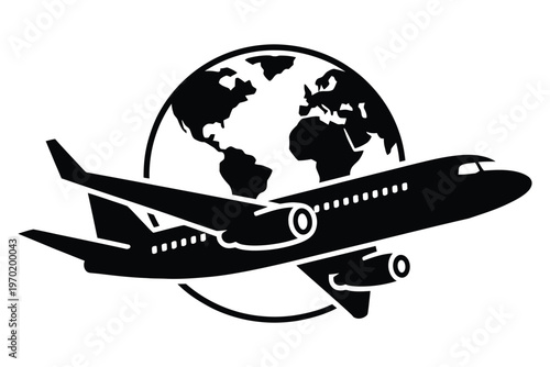 Airplane flying around earth globe symbol, travel icon representing international journeys and worldwide transportation