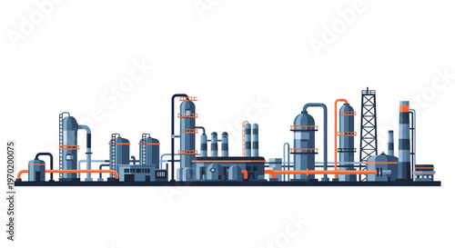 A wide horizontal panorama of a massive industrial oil refinery features numerous dark blue distillation towers and bright orange pipelines against a white sky.