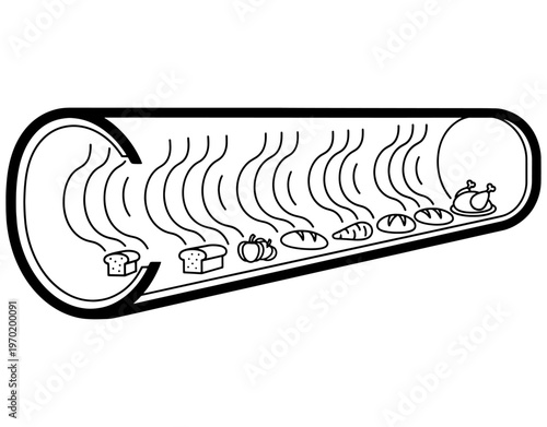 Fresh bread and food products moving through an industrial baking tunnel or cooling system, concept of automated bakery production line art vector illustration.