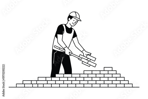 Bricklayer construction worker building brick wall wearing hard hat and uniform representing manual labor industry and professional masonry work