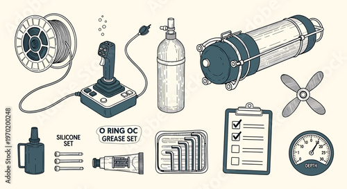 Vintage diving equipment collection isolated on transparent background detailed sketch illustration