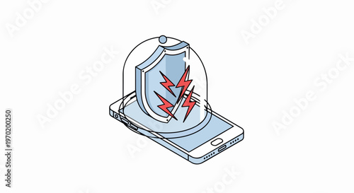 Isometric Mobile Cybersecurity Illustration - Shield Protecting Smartphone under Glass Dome from Cyber Attacks