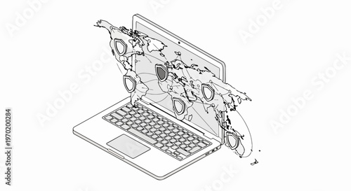 Global Cybersecurity Isometric Line Art: Laptop with World Map and Security Shields, Network Protection and International Data Safety Concept