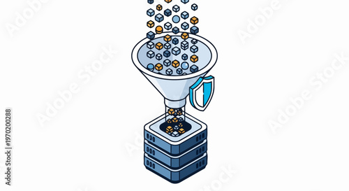 Isometric Big Data Processing and Analysis Concept with Secure Data Funnel, Server Storage Rack, and Cybersecurity Protection Shield on White Background