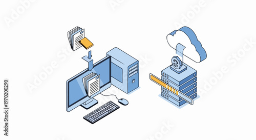 Isometric Data Transfer and Cloud Storage Illustration with Server and Computer