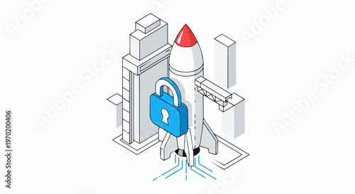 Isometric Rocket Launch with Padlock Symbol Representing Secure Business Startup and Cybersecurity Data Protection