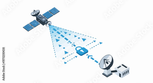 Isometric Illustration of Secure Satellite Communication and Encrypted Data Transmission