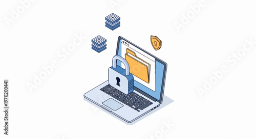Isometric Cyber Security and Data Protection Concept on Laptop with Padlock and Shield Icons