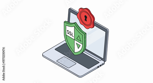 Isometric Laptop with SSL Certificate Shield and Security Seal for Cyber Protection and Web Safety