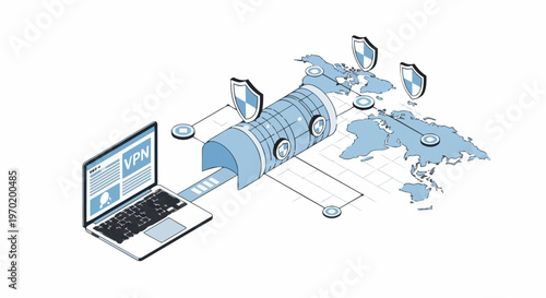 Secure VPN Tunnel Concept for Global Internet Privacy and Data Protection Isometric Illustration