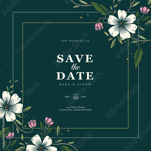 Elegant floral Save the Date: A sophisticated invitation, featuring delicate white and pink blossoms set against a deep teal backdrop, invites guests to mark a special occasion with style. 