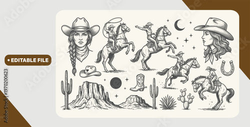 Vintage cowgirl riding and roping horses, perfect for Western-themed designs.