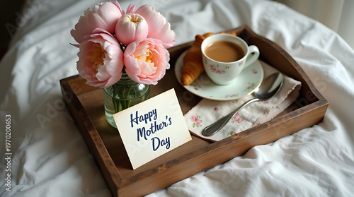 Mother's Day breakfast with pink peonies, coffee, croissant and handwritten cursive card on vintage wooden tray with white linen in soft morning light. Romantic cozy vintage mood