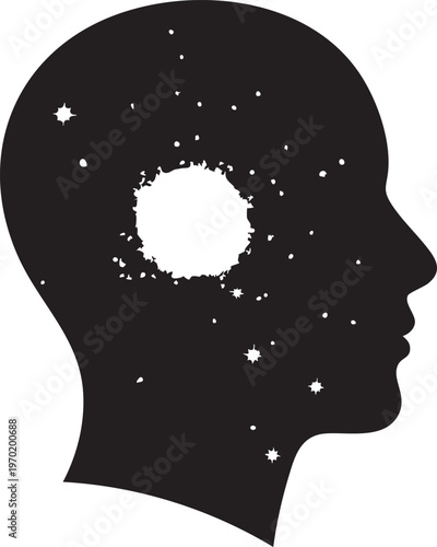 Black silhouette of a human head with stars and a galaxy, space-inspired vector illustration, astronomy concept, creative thinking