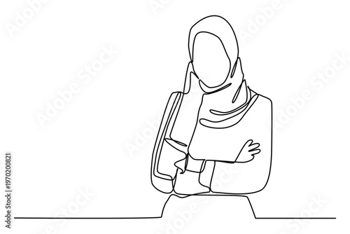 Continuous one line art of young Arabian businesswoman standing with folded arms.