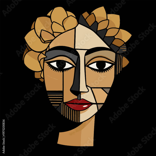 geometric female portrait with flowers vector abstract cubist face taupe mocha beige gold lips black background modern wall art