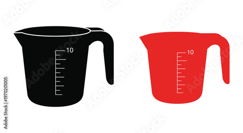Two measuring cups one black and one red in a flat silhouette
