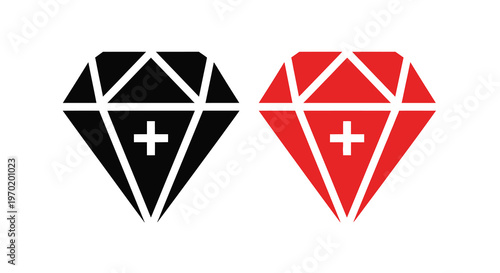 Two faceted diamonds one black and one red in stark contrast silhouette