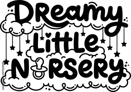 Dreamy little nursery script lettering with stars and clouds black and white