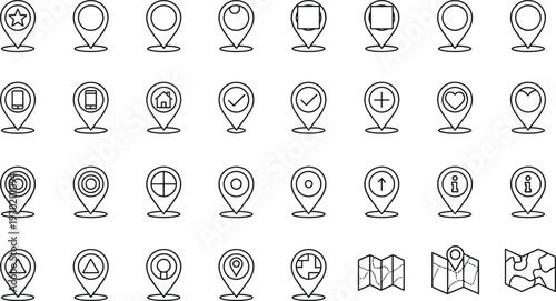 Minimal line map pin icon set featuring location markers, navigation symbols, and travel elements, perfect for GPS apps, web design, user interfaces, and digital mapping projects