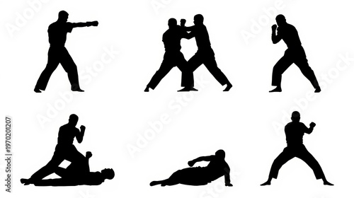 A collection of black silhouettes showing various martial arts poses and fighting techniques isolated isolated on white background