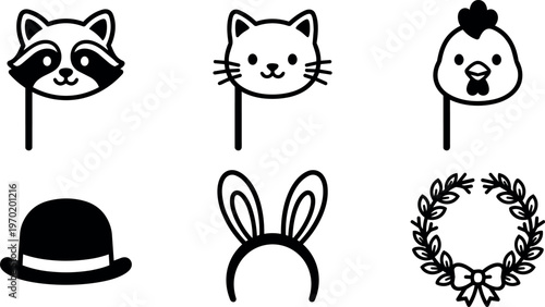 Black and white animal masks bowler hat bunny ears and wreath vector line art